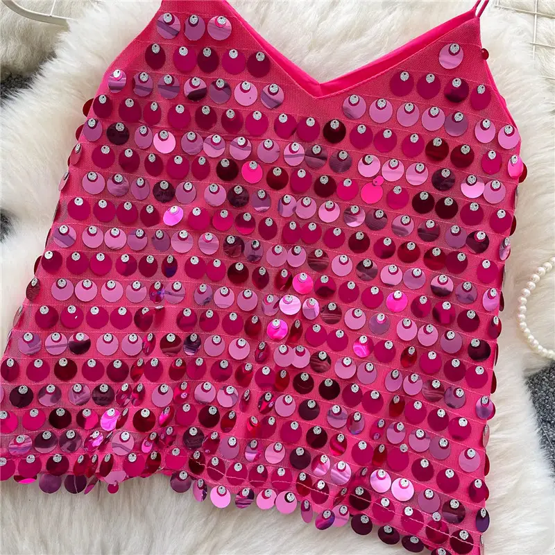Sexy Solid Color Sequin V-Neck Camisole