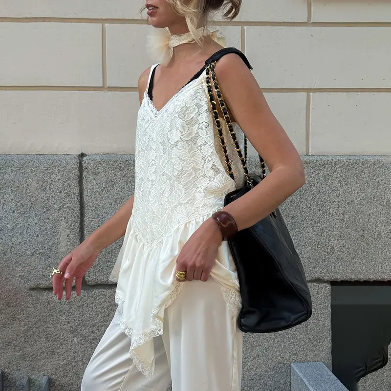 Lace Trim Irregular Sheer Camisole T-Shirt Sexy Top