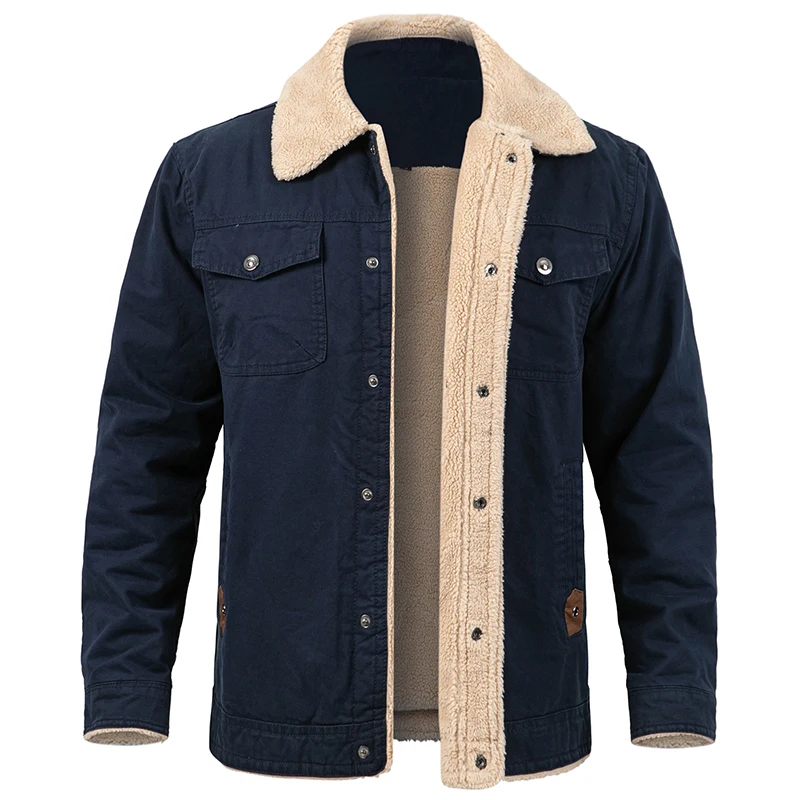 Men's Casual Cotton Cargo Work Jacket Warm Fleece Lined Fashion Sherpa Outerwear Coat