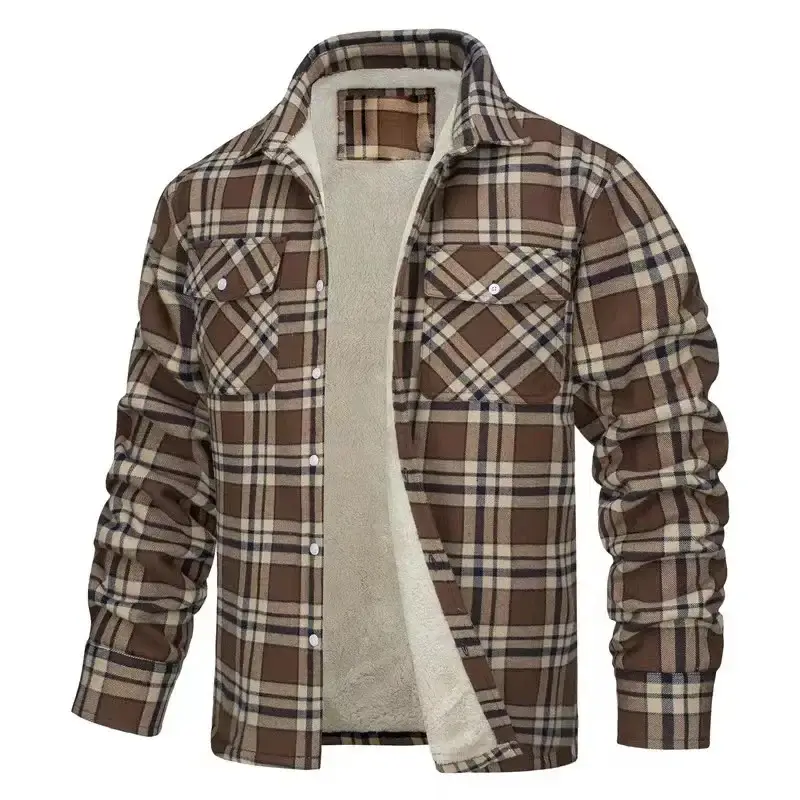 Men's Fleece Plaid Jacket Casual Loose Cotton Jacket Thicken Lining Flannel Warm Outwear