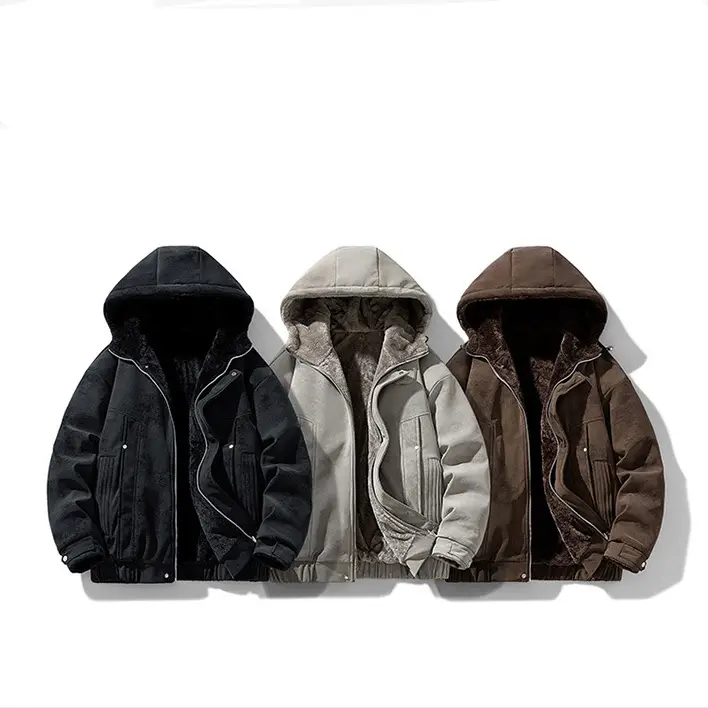 Men's Plush Hooded Jacket Thickened Fleece Long Sleeve Zipper Loose Parka Coat