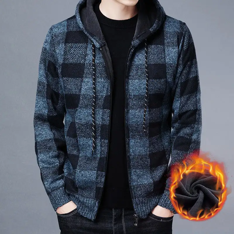 Men's Fleece Knit Sweater Jackets For Men Fleece-Lined Hooded Checkered Jacket Casual Zipper Coats