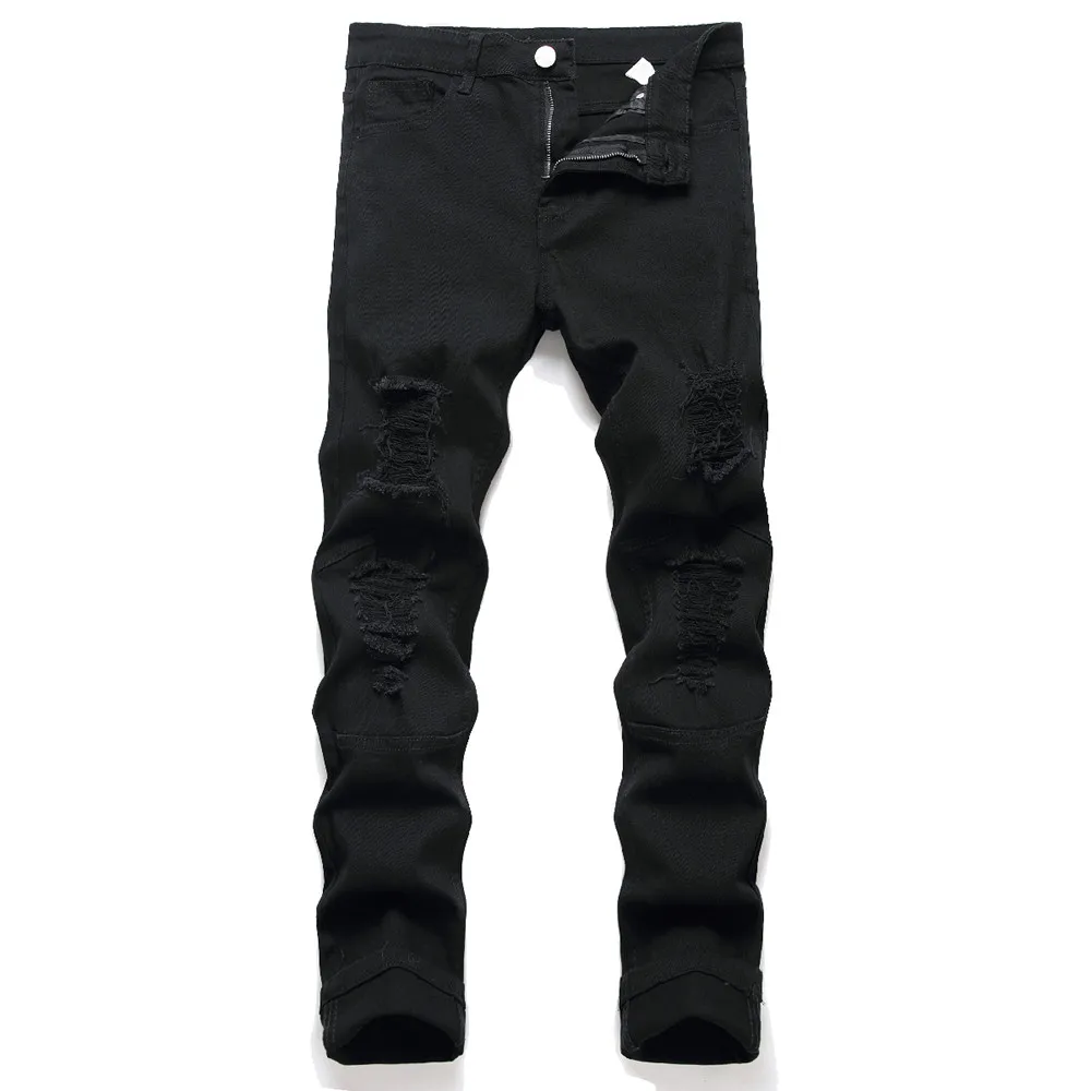 Men's Stretch Skinny Pencil Fit Distressed Knee Jeans