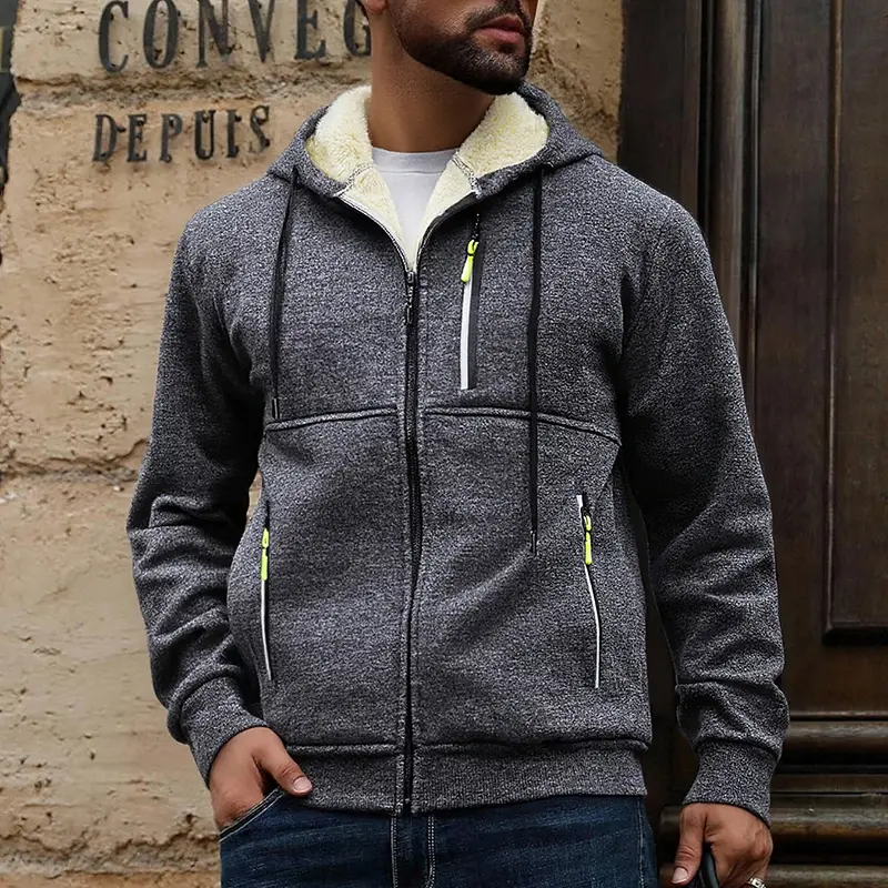 Men's Warm Sherpa Plush Lined Jacket Casual Zip Up Hooded Coat with Zipper Pockets Fleece Outerwear