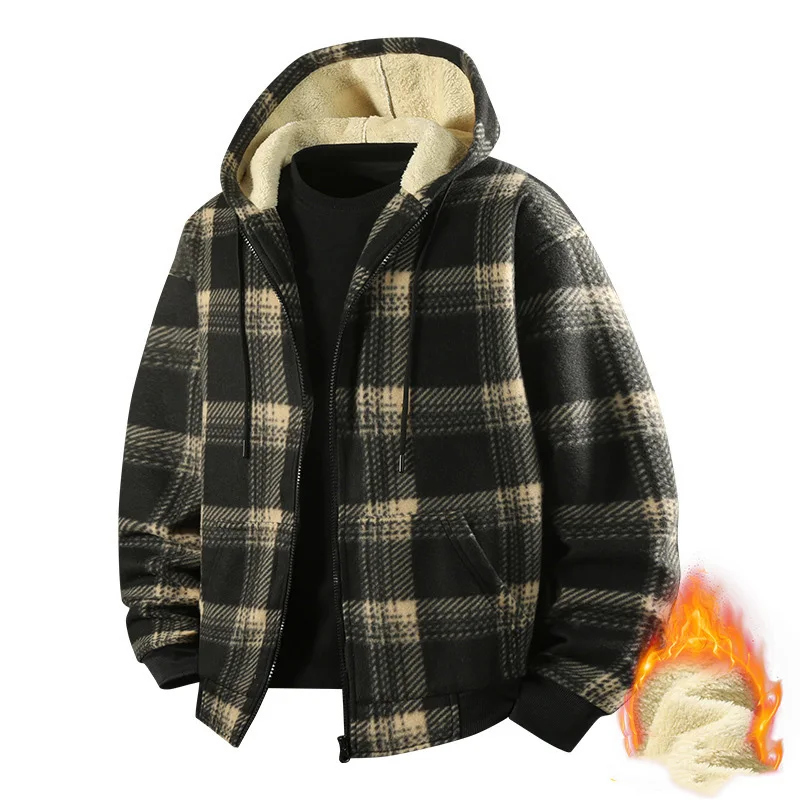 Men's Plush Plaid Long Sleeve Zipper Hooded Jacket Thickened Warm Versatile Outerwear