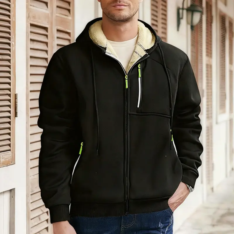 Men's Warm Sherpa Plush Lined Jacket Casual Zip Up Hooded Coat with Zipper Pockets Fleece Outerwear