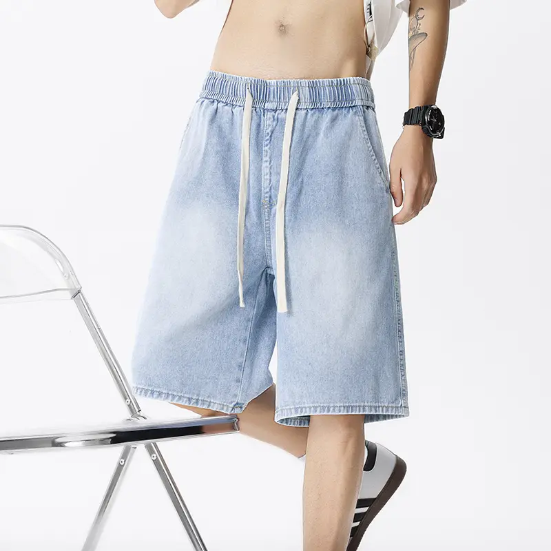 Casual Denim Shorts Men Elastic Waist Straight Cut