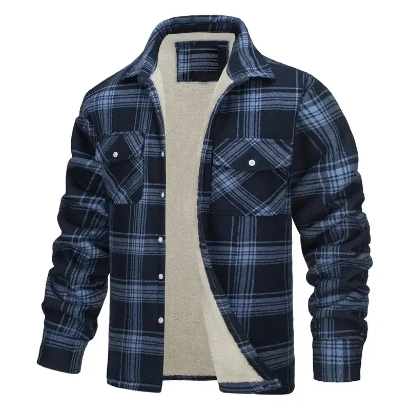 Men's Fleece Plaid Jacket Casual Loose Cotton Jacket Thicken Lining Flannel Warm Outwear