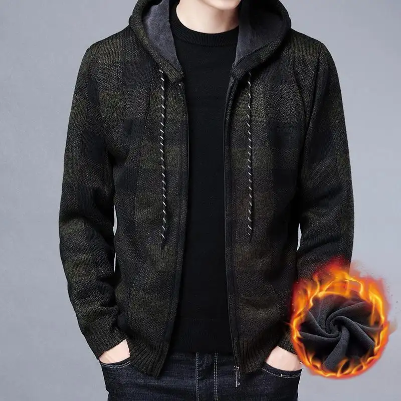 Men's Fleece Knit Sweater Jackets For Men Fleece-Lined Hooded Checkered Jacket Casual Zipper Coats