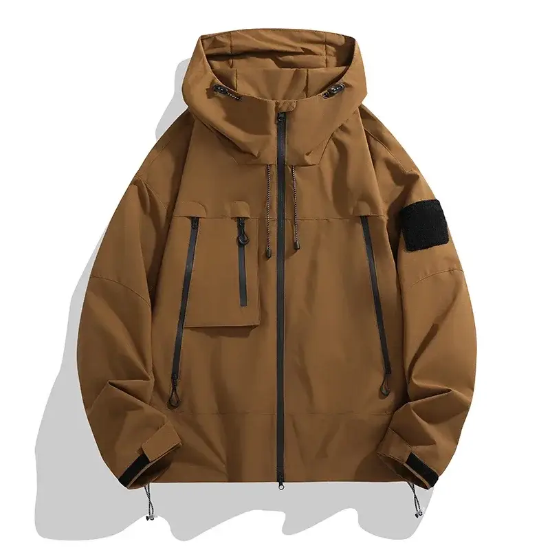Men's Wind Jacket Trendy Solid Color Windproof Outdoor Camping Hooded Jacket Men Functional Rush Coat
