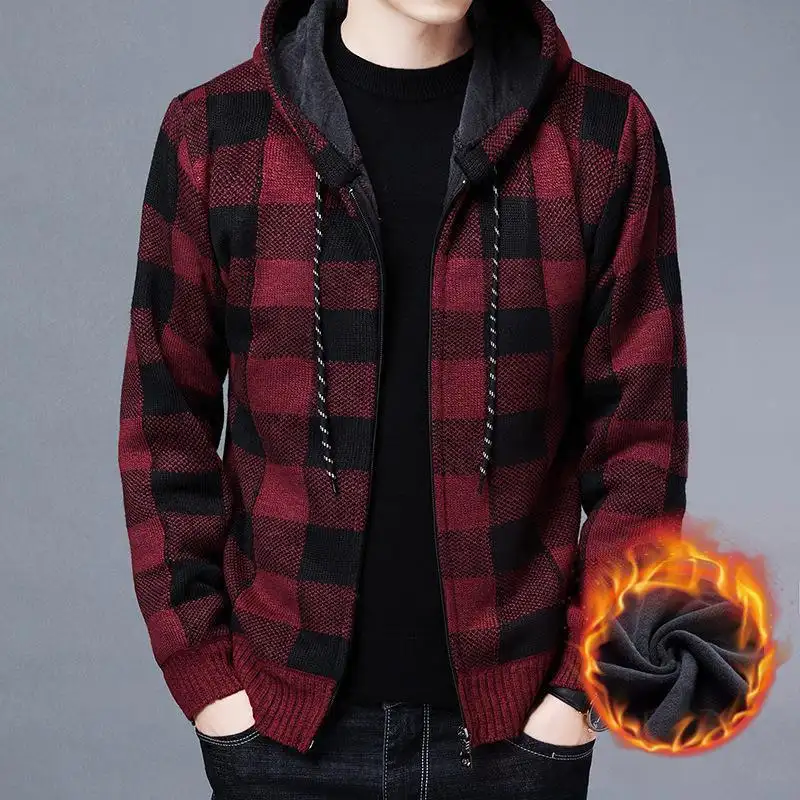 Men's Fleece Knit Sweater Jackets For Men Fleece-Lined Hooded Checkered Jacket Casual Zipper Coats