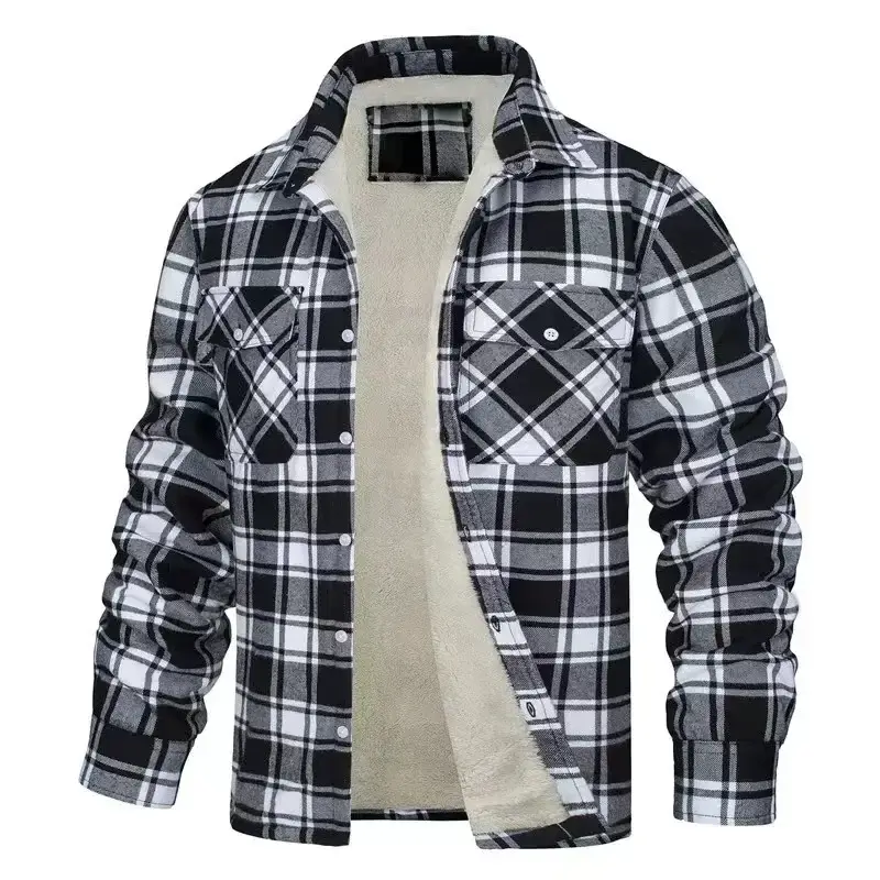 Men's Fleece Plaid Jacket Casual Loose Cotton Jacket Thicken Lining Flannel Warm Outwear