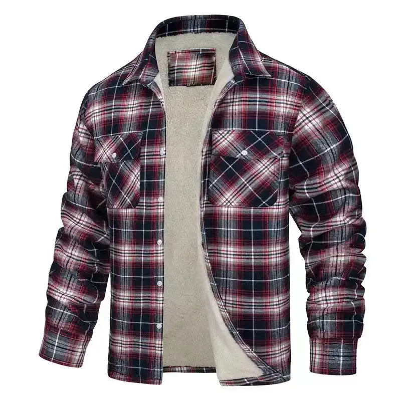 Men's Fleece Plaid Jacket Casual Loose Cotton Jacket Thicken Lining Flannel Warm Outwear