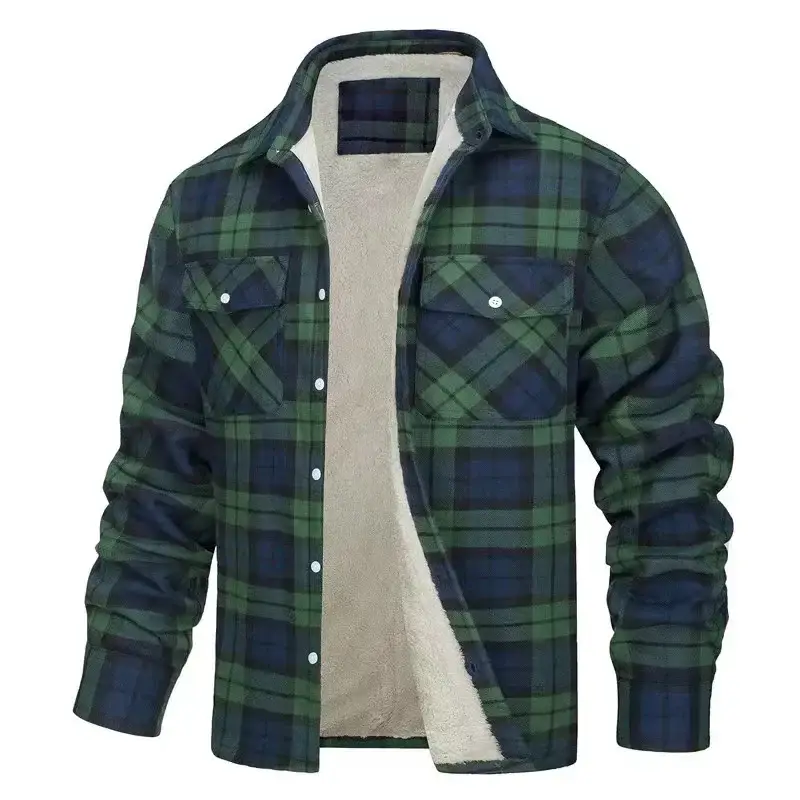 Men's Fleece Plaid Jacket Casual Loose Cotton Jack...