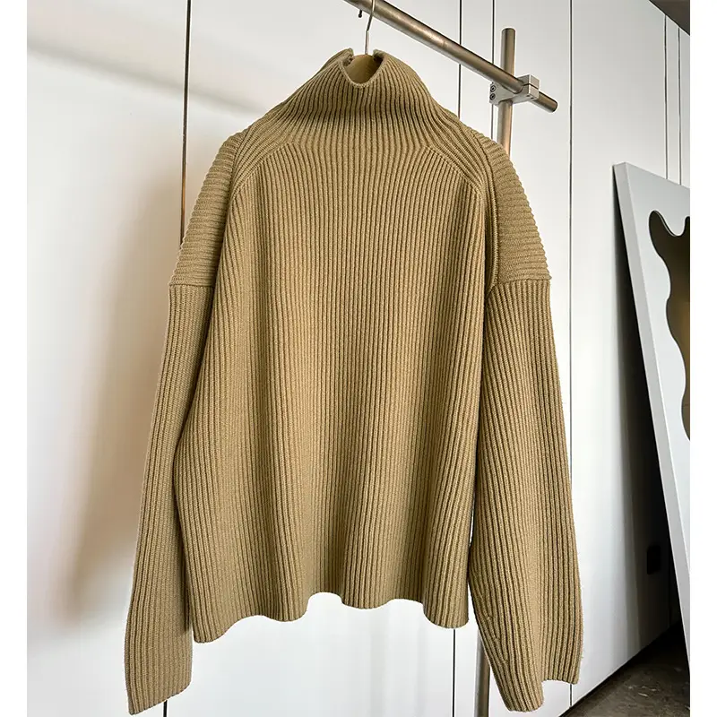 Wool Blend Sweater Women'S Drop Shoulder Ribbed Loose High Collar Knitted Top