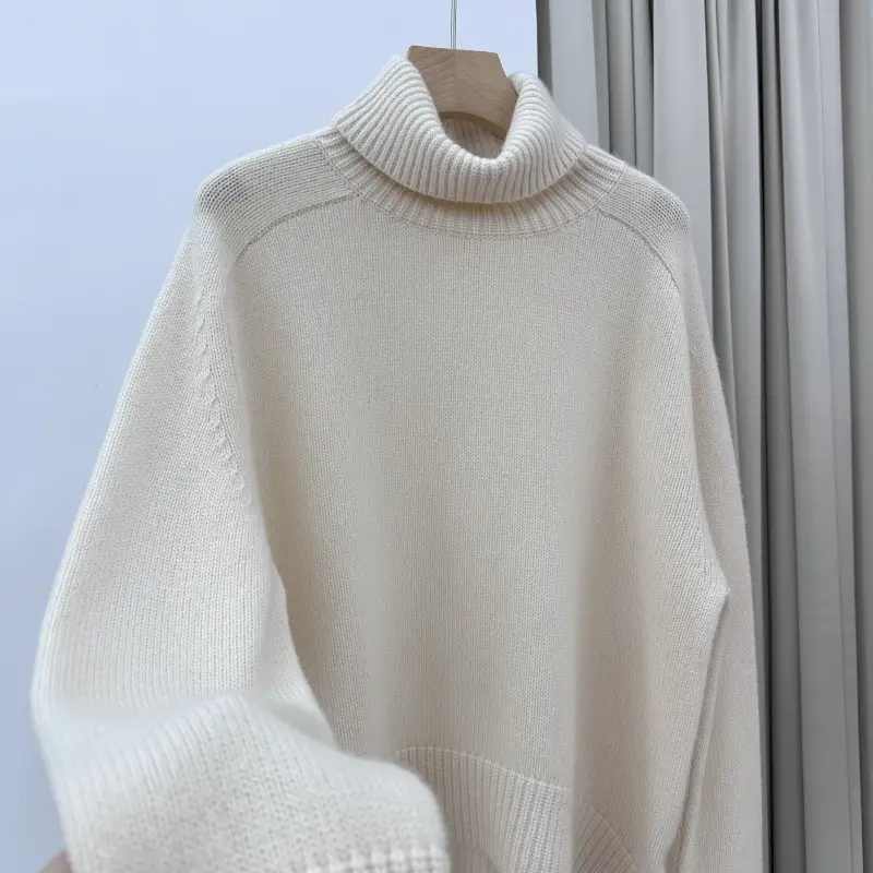 High Collar Loose Shoulder Sleeve Lazy Back Slit Pure Cashmere Thick Knitted Sweater Women
