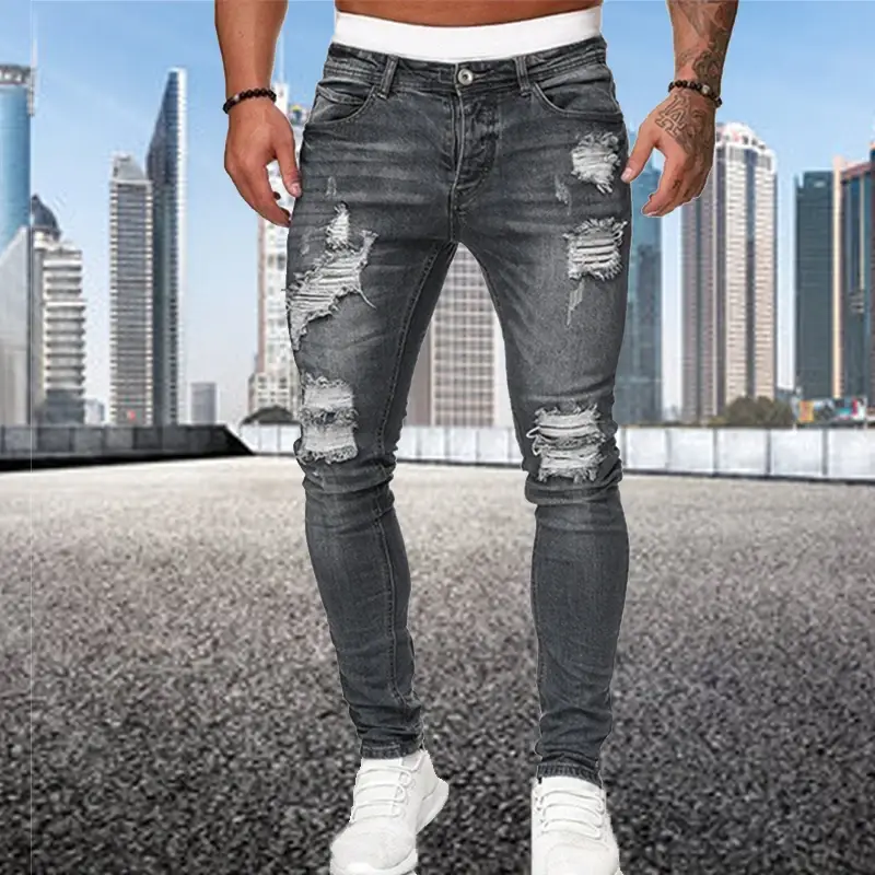 Fashion Jeans Men Washed Solid Color Multi Pocket Mid Waist Cargo Denim Pants