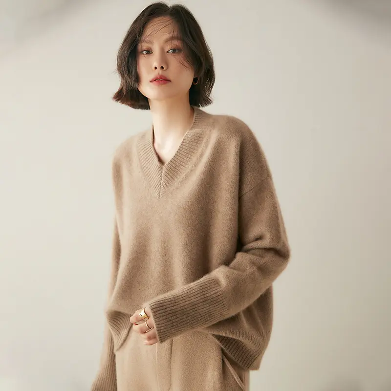 Women's V-Neck Long Sleeve Loose Thicken Warm Knit Pullover Sweater