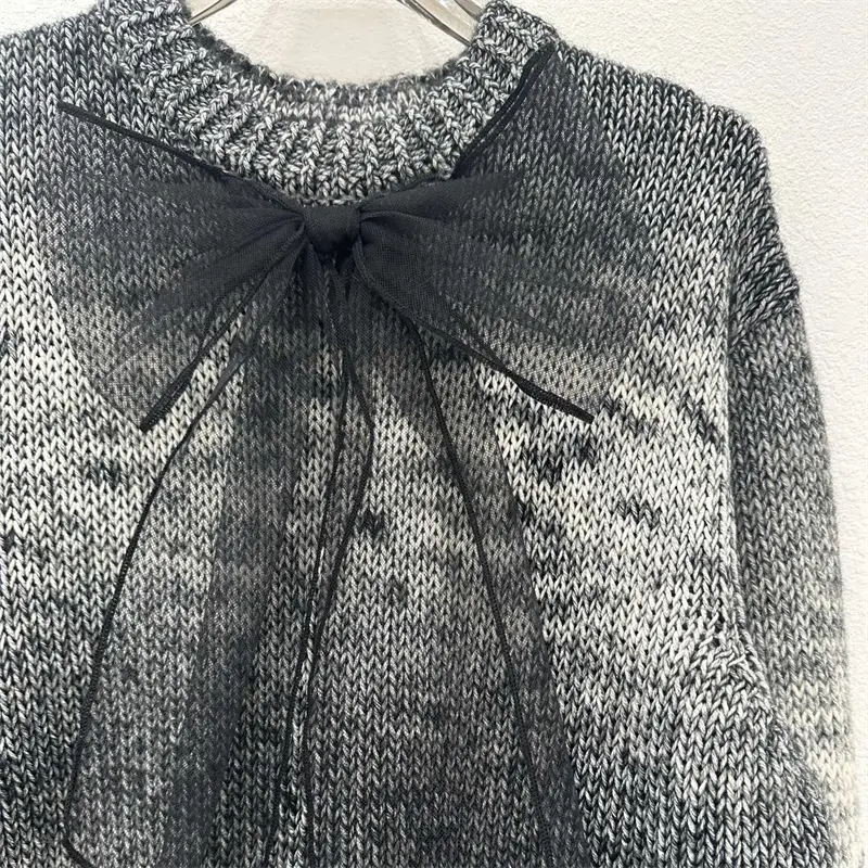 Women's Elastic Knitted Slim Fit Long Sleeve Round Neck Pullover With Bow Detail