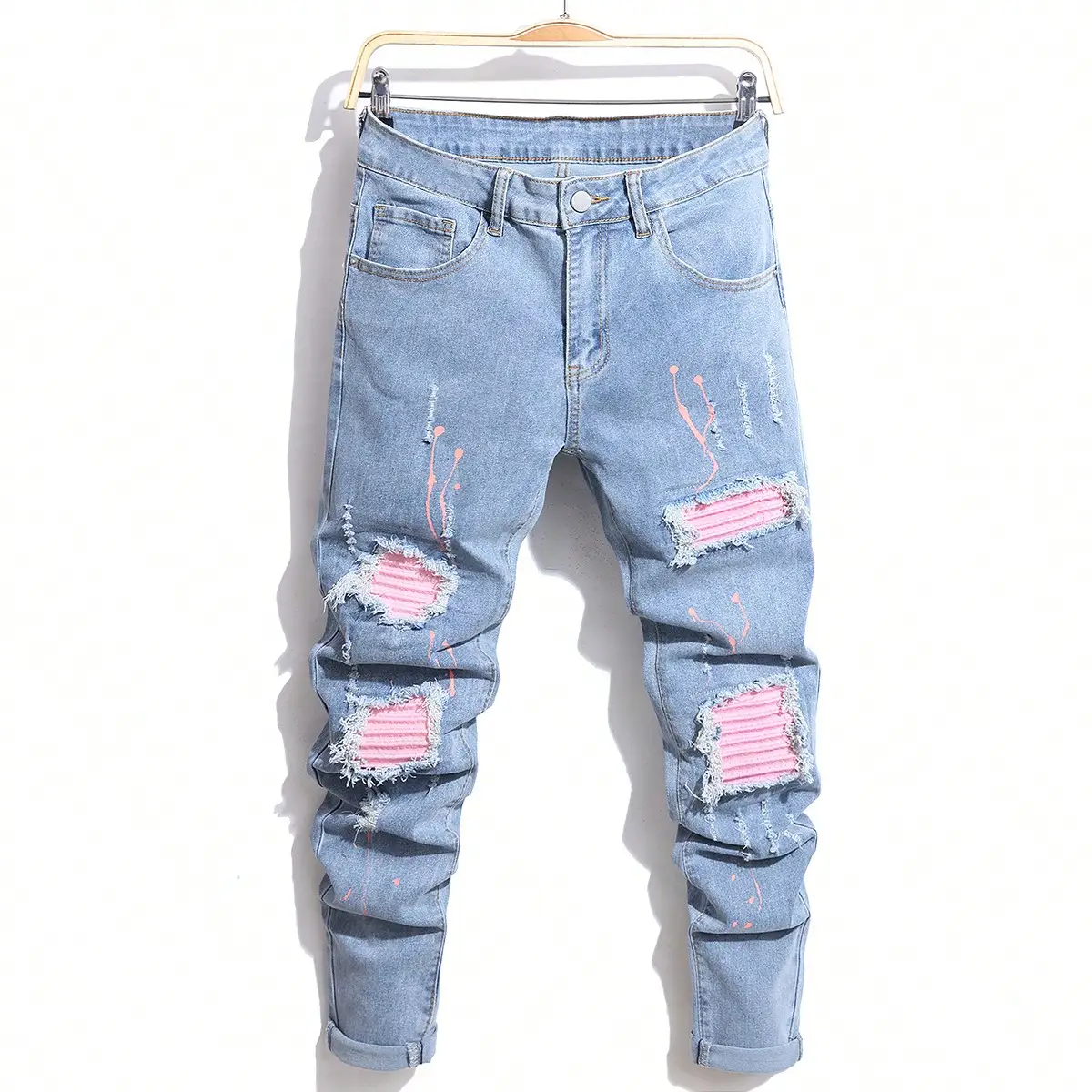 Men's Cool Ripped Skinny Stretch Slim Patchwork Hip Hop Denim Pants