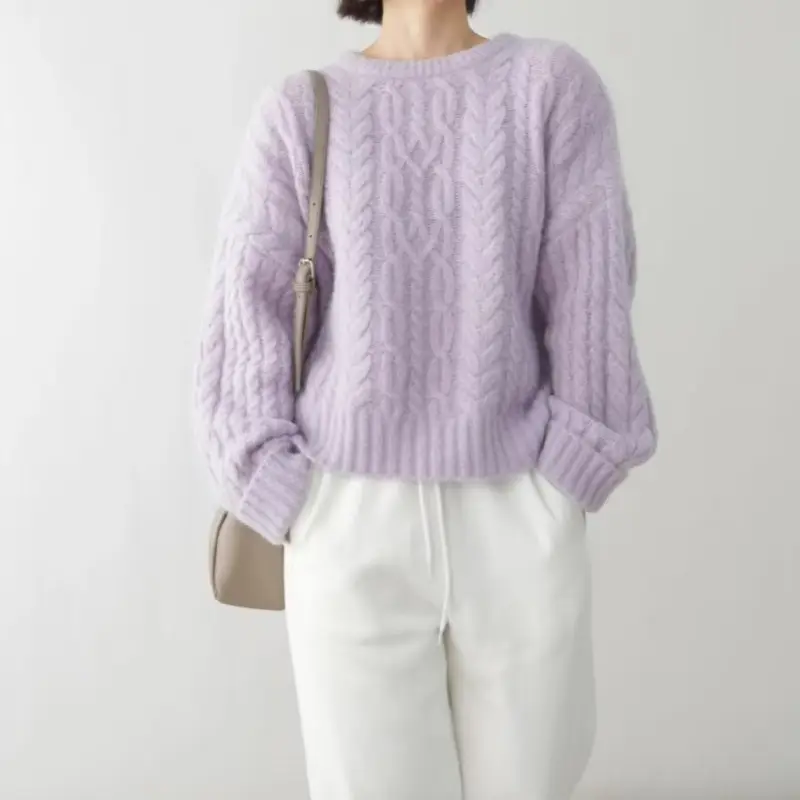 Women's Cashmere Wool Sweaters Long Sleeve O-neck Thick Oversized Knitted Pullover Tops
