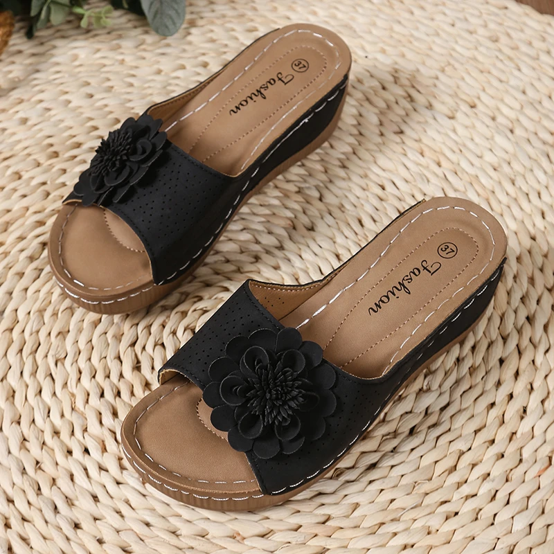 Retro Flower Decor Wedge Slippers Thick Bottom Pla...