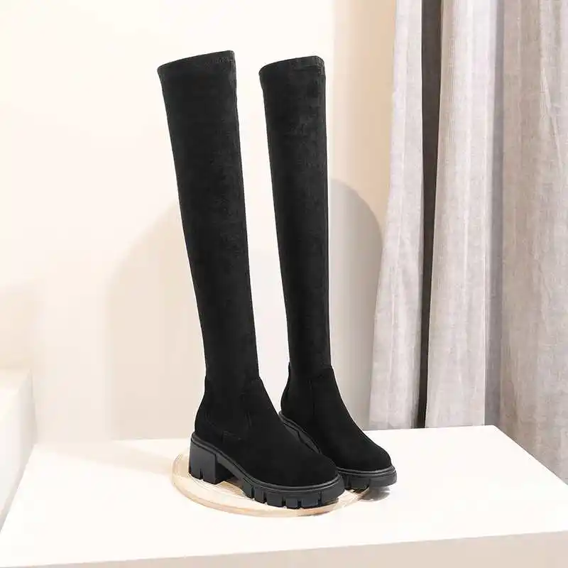 Elastic Over-The-Knee Boots Platform Round Toe High Heel Boots