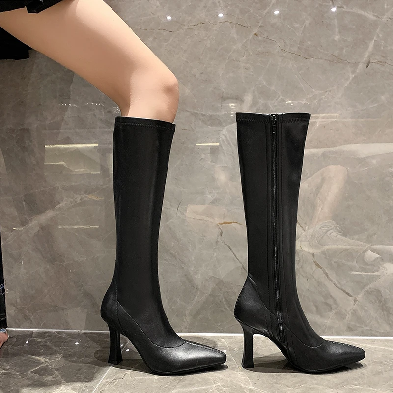Fashionable Pointed-Toe Over-the-Knee Boots with Zipper High Heel