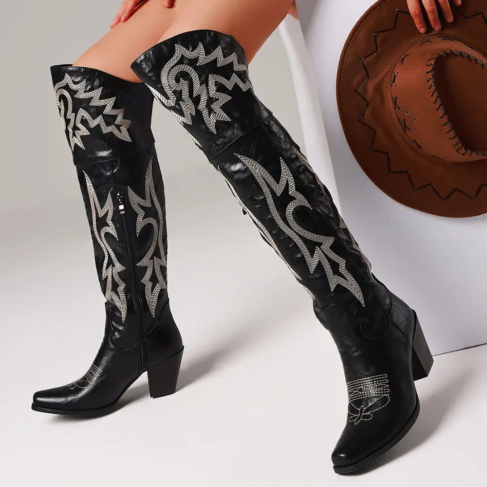 Women's Over-The-Knee Western Cowboy Boots With Chunky Heels Square Toes And Side Zippers