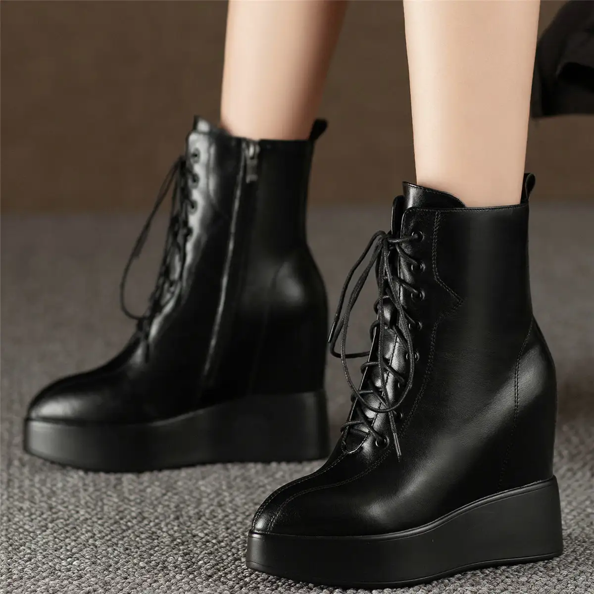 Winter Platform Pumps Shoes Women Lace Up Genuine Leather Wedges High Heel