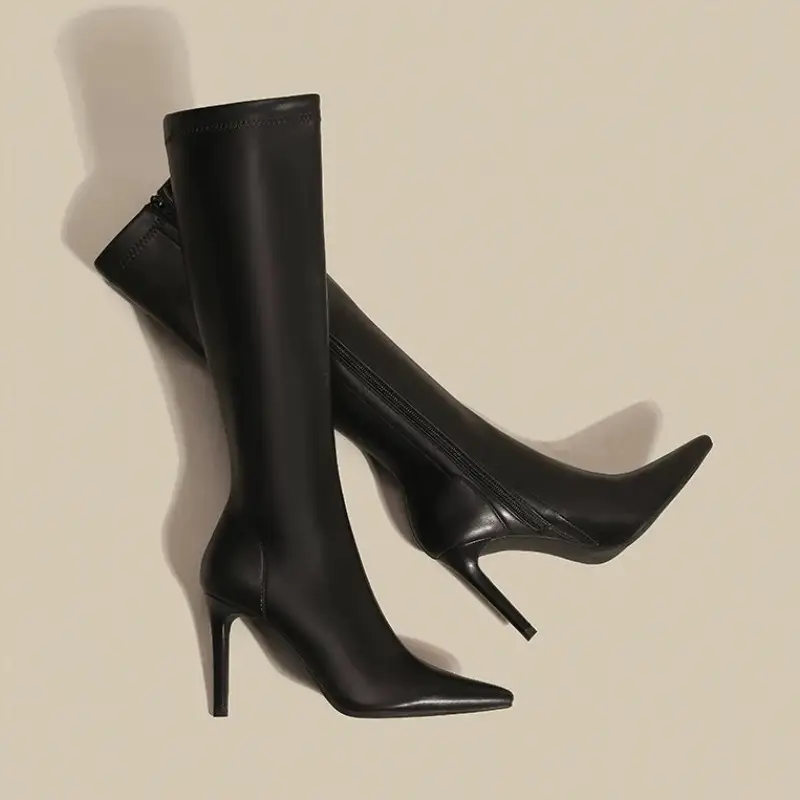 Pointed-Toe Over-the-Knee High-Heeled Boots with Side Zipper