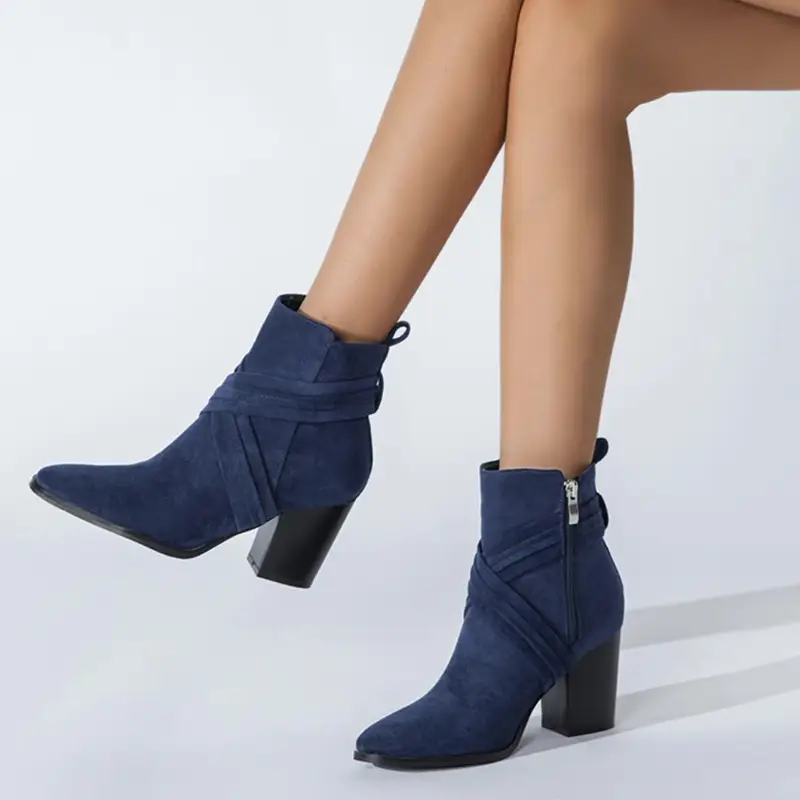 Women Ankle Boots Pointed Toe Suede High Heel Boots Side Zip Chunky Heels Short Boots