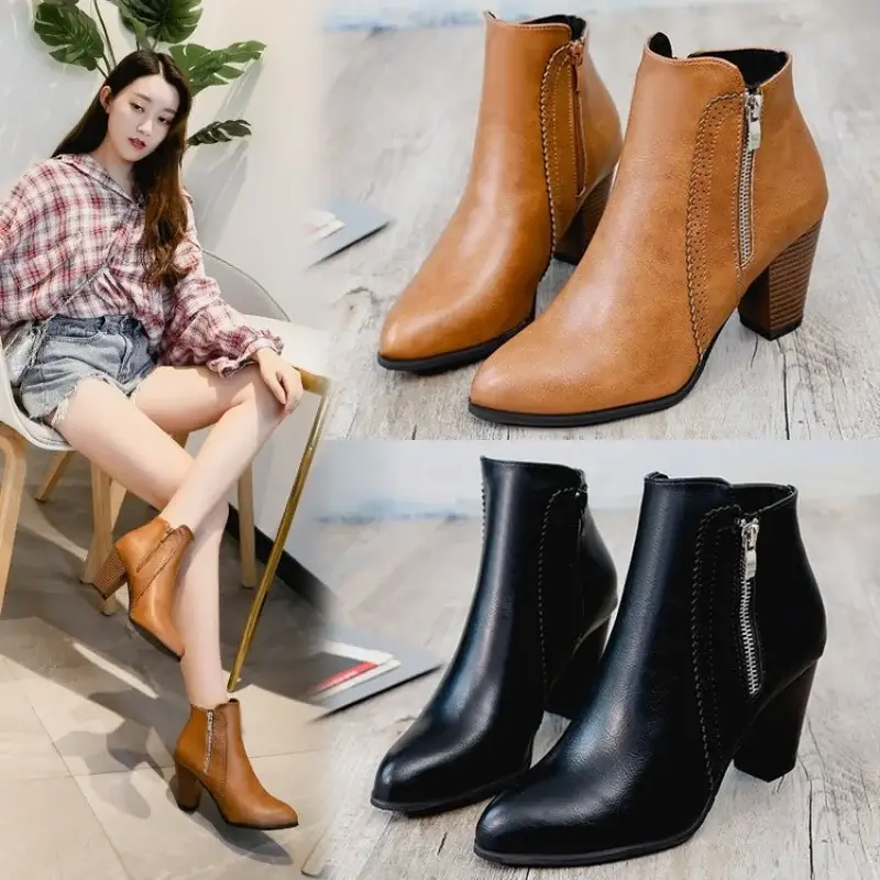 Ankle Boots Women's Fashion Coarse Heel Short Boots Side Zipper High Heel Boots