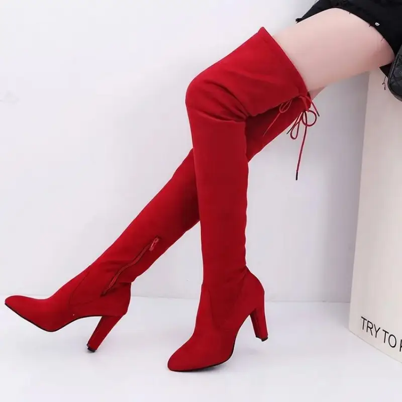 Women's Over-The-Knee Boots With Stretch Fabric And Pointed Toe Design