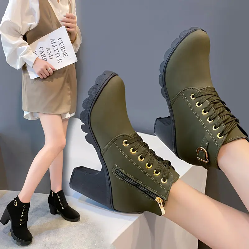 Women's Winter Warm Ankle Boots Thick Sole High Heel Side Zipper