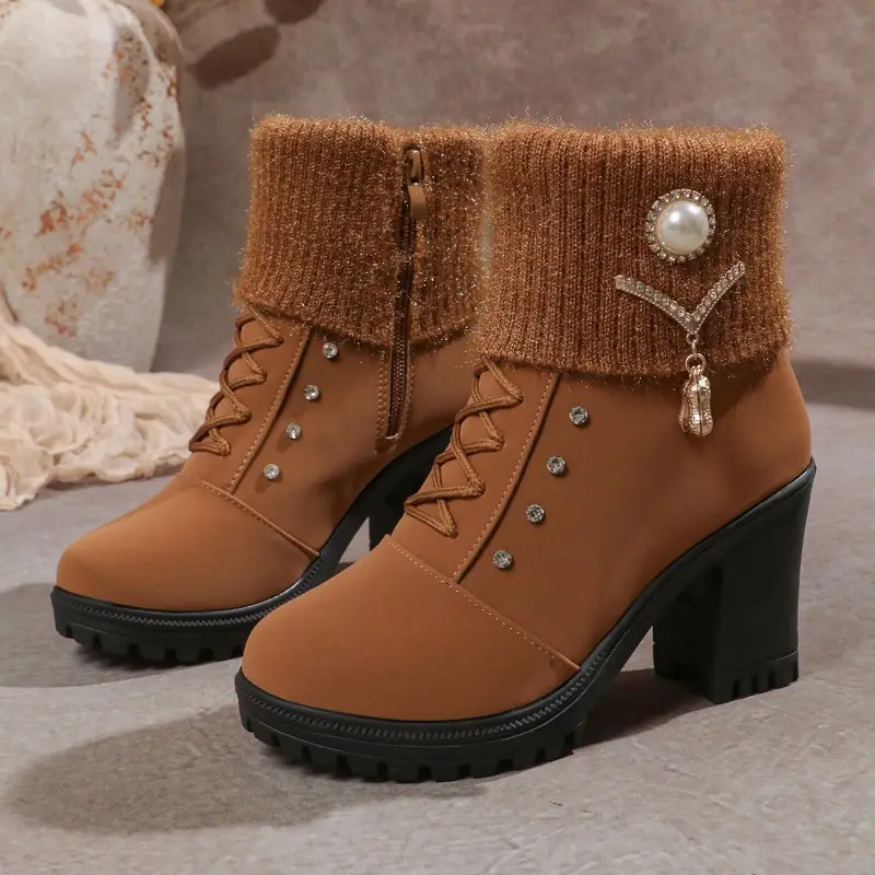 Square Heel Women Shoes Classic Buckle Warm For Snow Ladies Boots High Heels Platform Ankle Boots Women