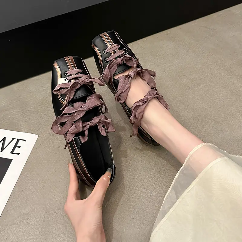 Square-Toe Ballet-Style Lace-Up Bow Color-Blocked Shoes