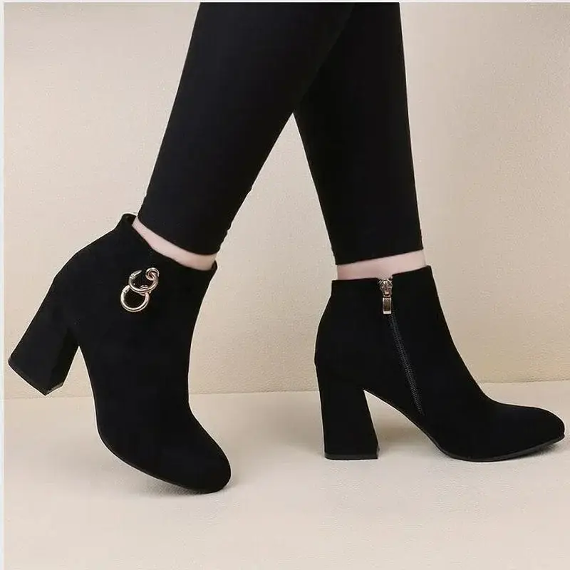 Women's Boot Block Heel Ankle Boots Zipper High Heels Women Shoes