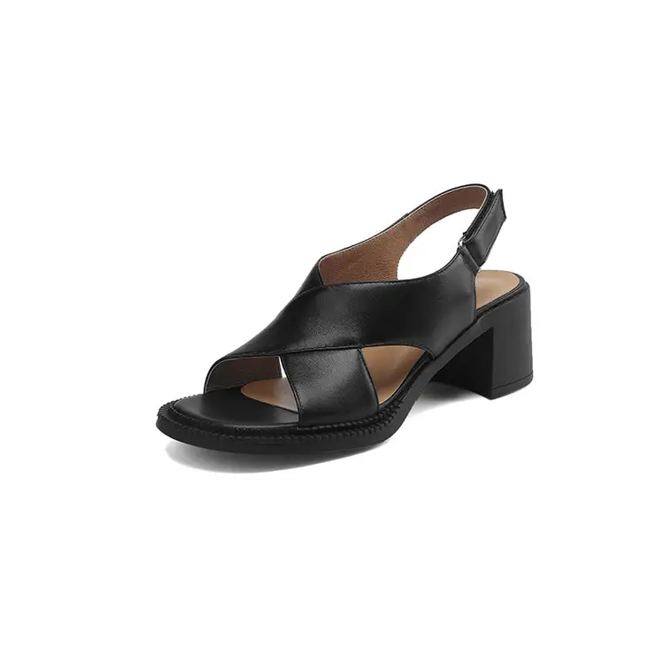 Genuine Leather Sandals Round Toe Chunky Heel Wome...