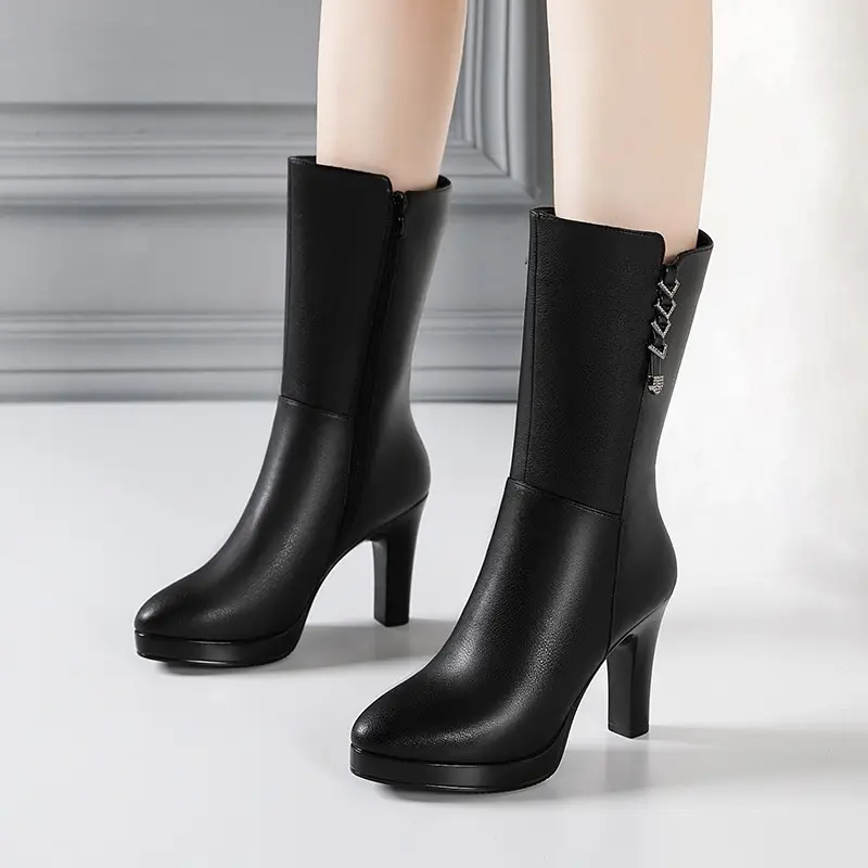 Women's Fashion High-Heeled Round-Toe Soft-Soled Leather Boots