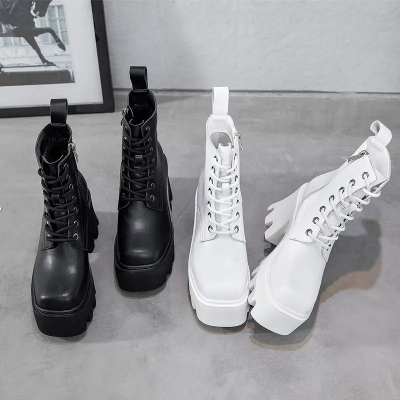 Women Booties High Heel Square Head Genuine Leather Women Ankle Boots Platform British Style Fur Winter Boots Women