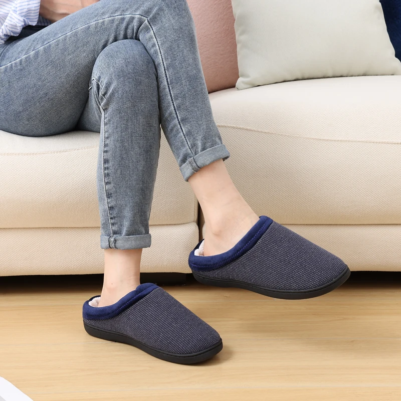Casual Men Slippers with Memory Foam Indoor Slippers Rubber Sole Flat Cotton Shoes Warm Plush Men's House Slippers
