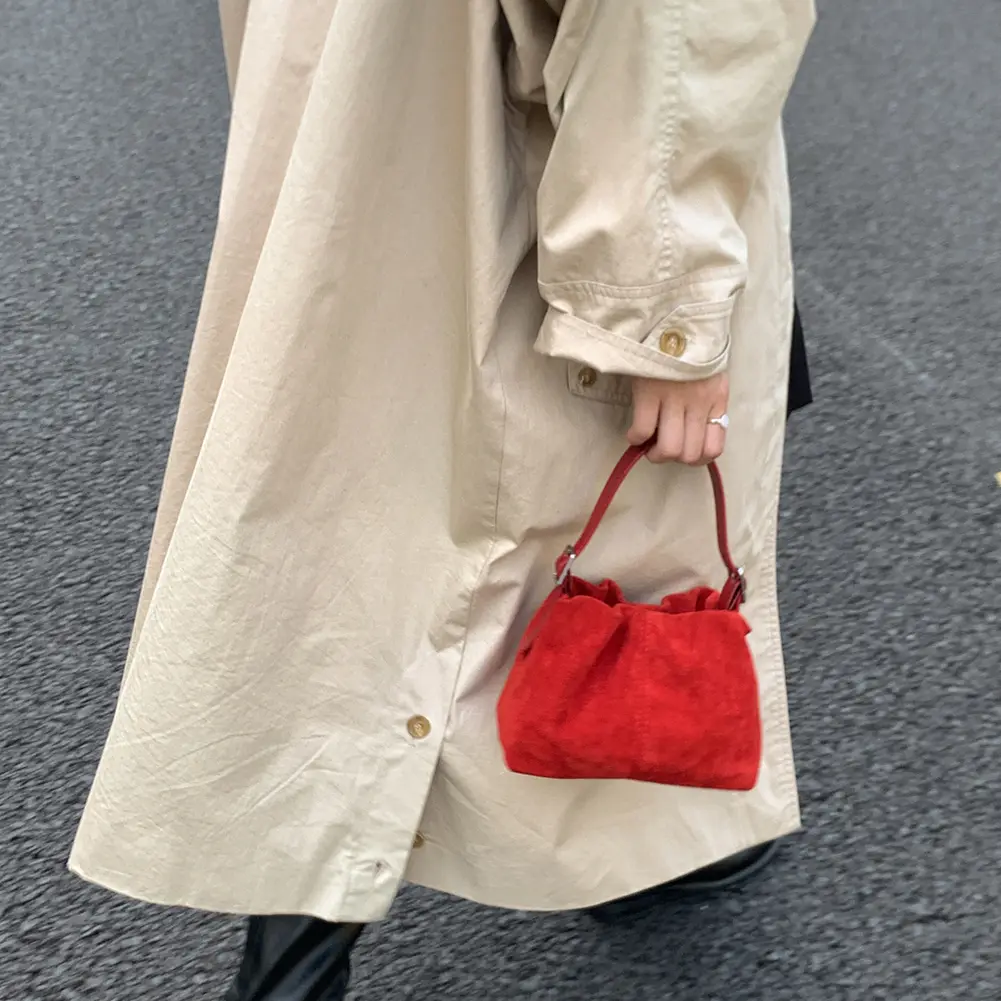 Women's Suede Adjustable Shoulder Strap And Drawstring Top Handle Bag