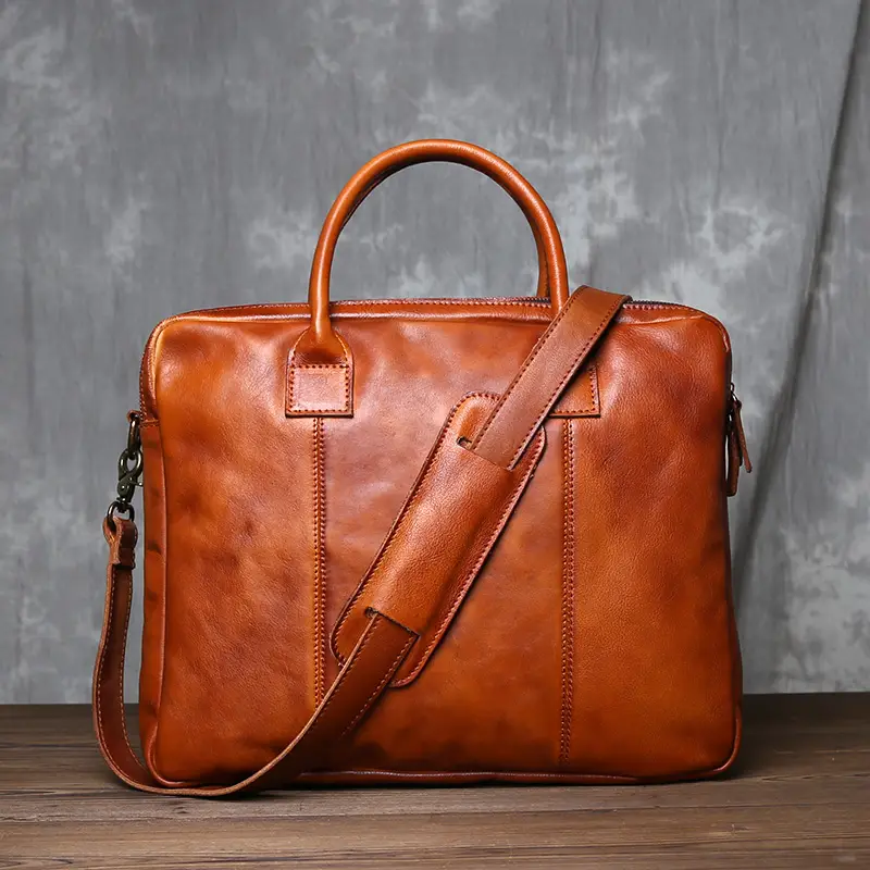 Head Layer Cowhide Men's Double Handbag Horizontal Genuine Leather Crossbody Briefcase