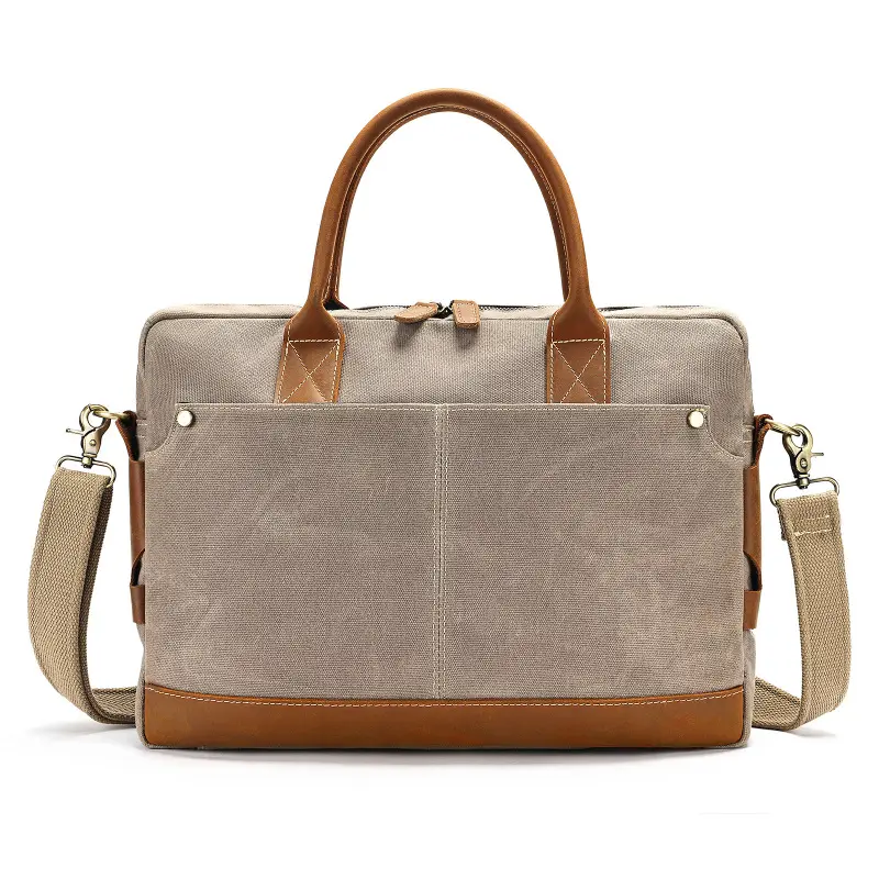 Men's Briefcase Fashion Canvas Genuine Leather Laptop Bag High-end Business Handbag