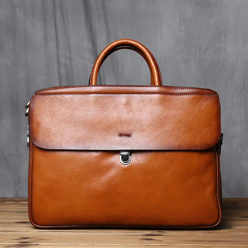 Genuine Leather Men's Briefcase Vintage Natural Cowhide Handbag Large Capacity