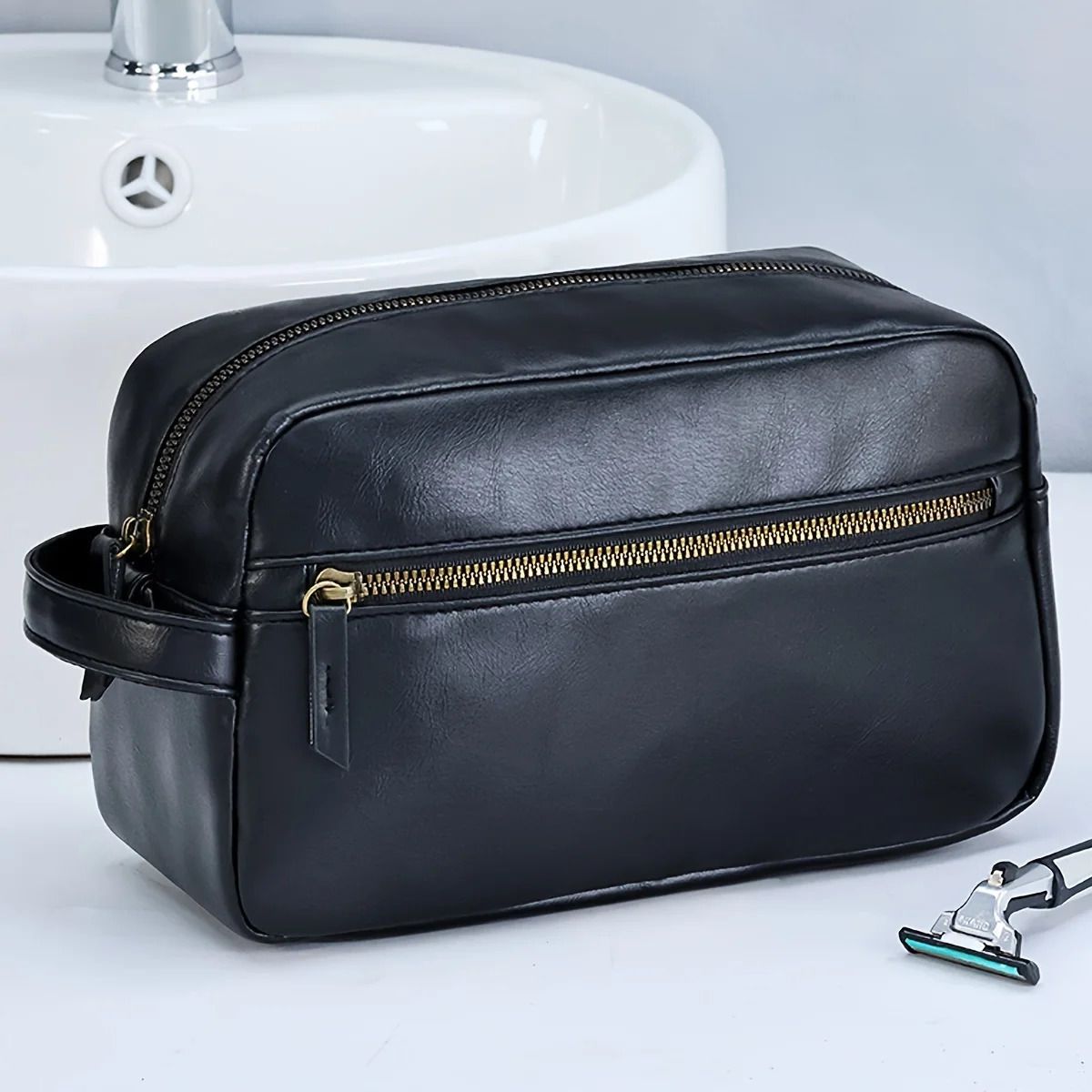 Waterproof PU Leather Business Travel Toiletry Organizer Makeup Cosmetic Pouch