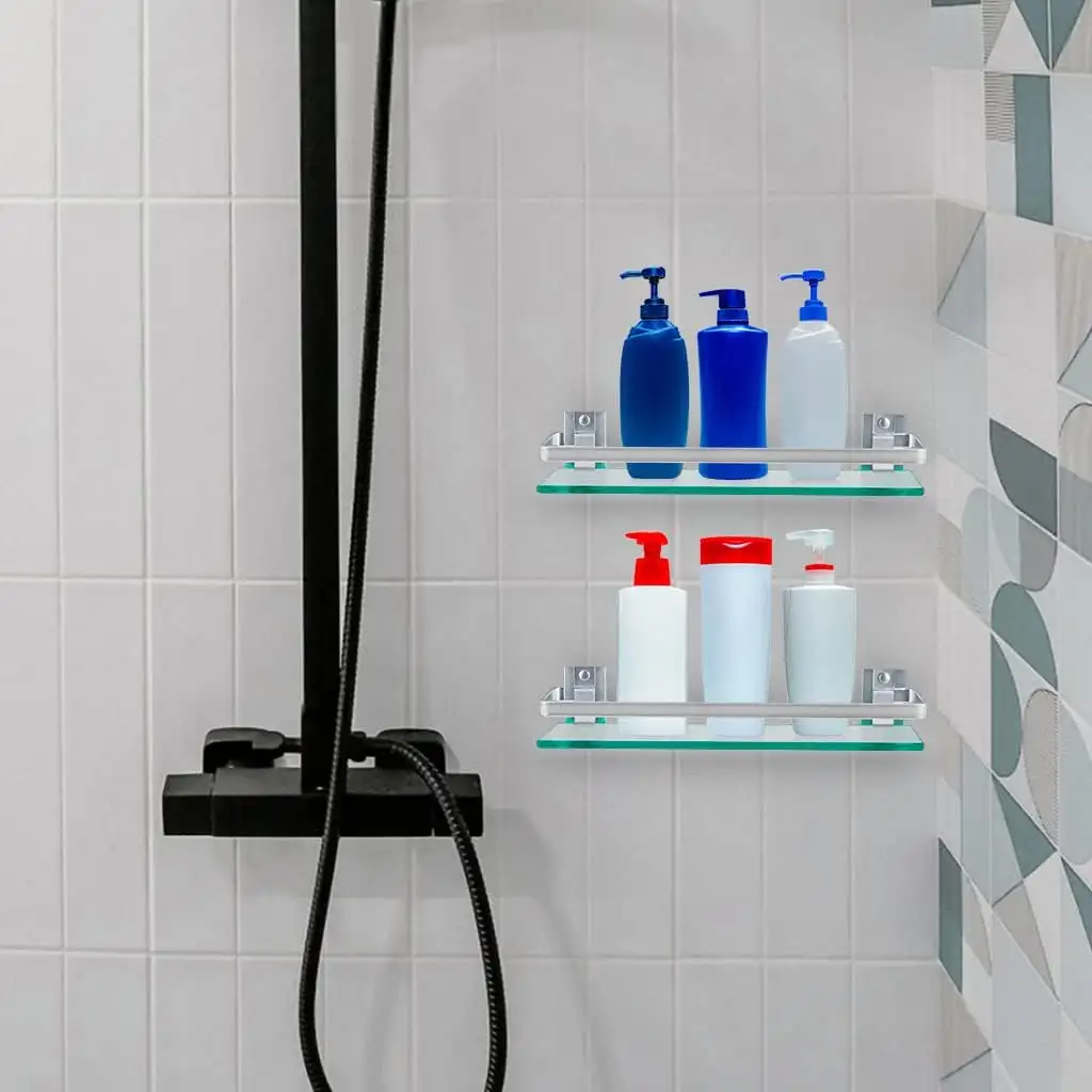 Two-Piece Tempered Glass Bathroom Shelf with Protective Rails