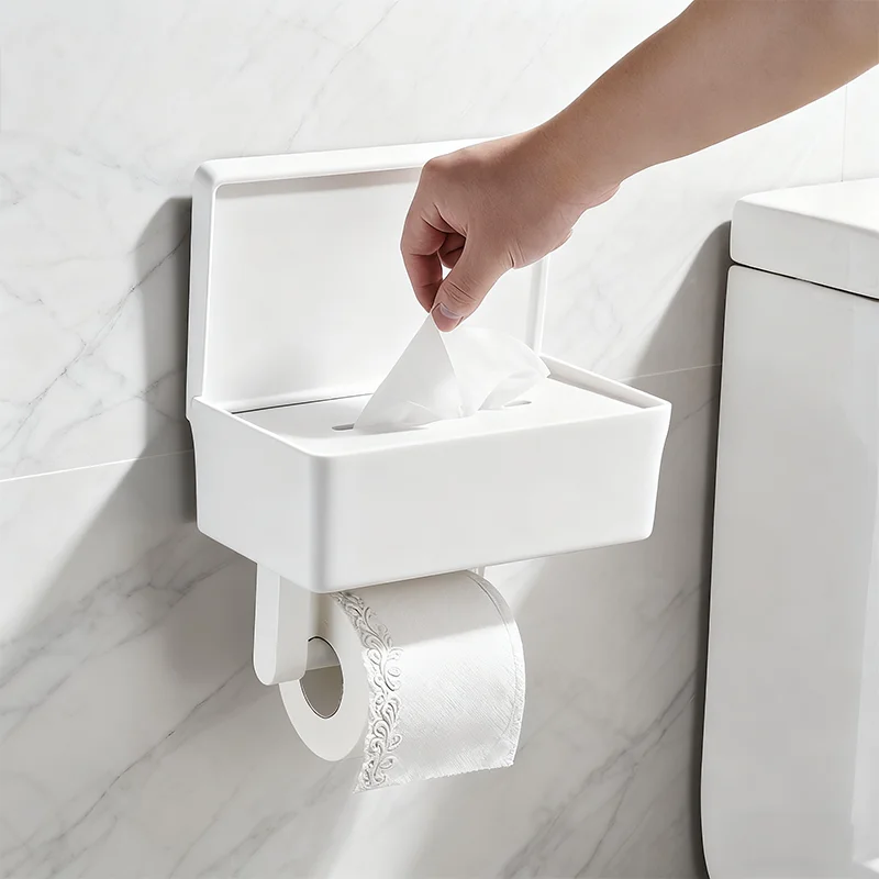 Toilet Paper Holder Bathroom Adhesive Shelf with Shelf and Storage Box