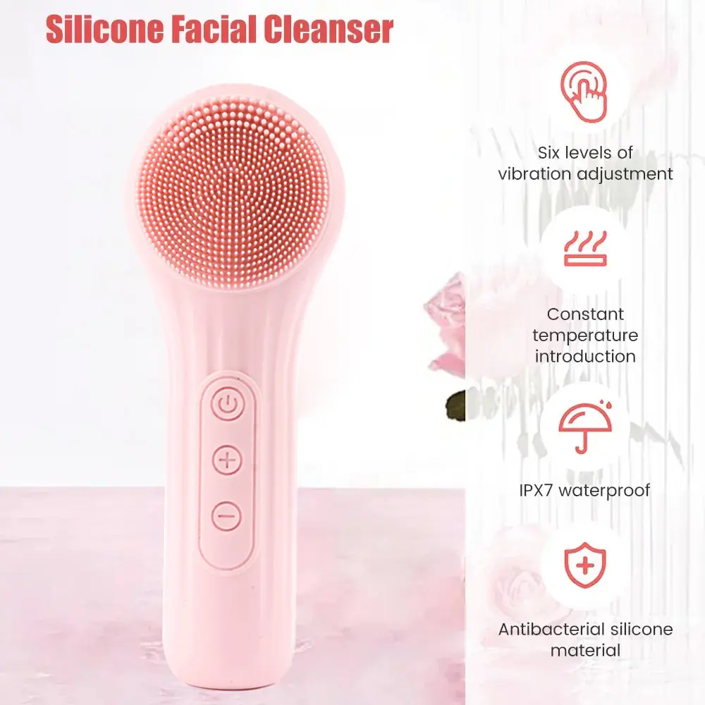 Ultrasonic Vibration Cleanser Silicone Face Washer 6-Level Strength Control Heating IPX-7 Waterproof Rechargeable